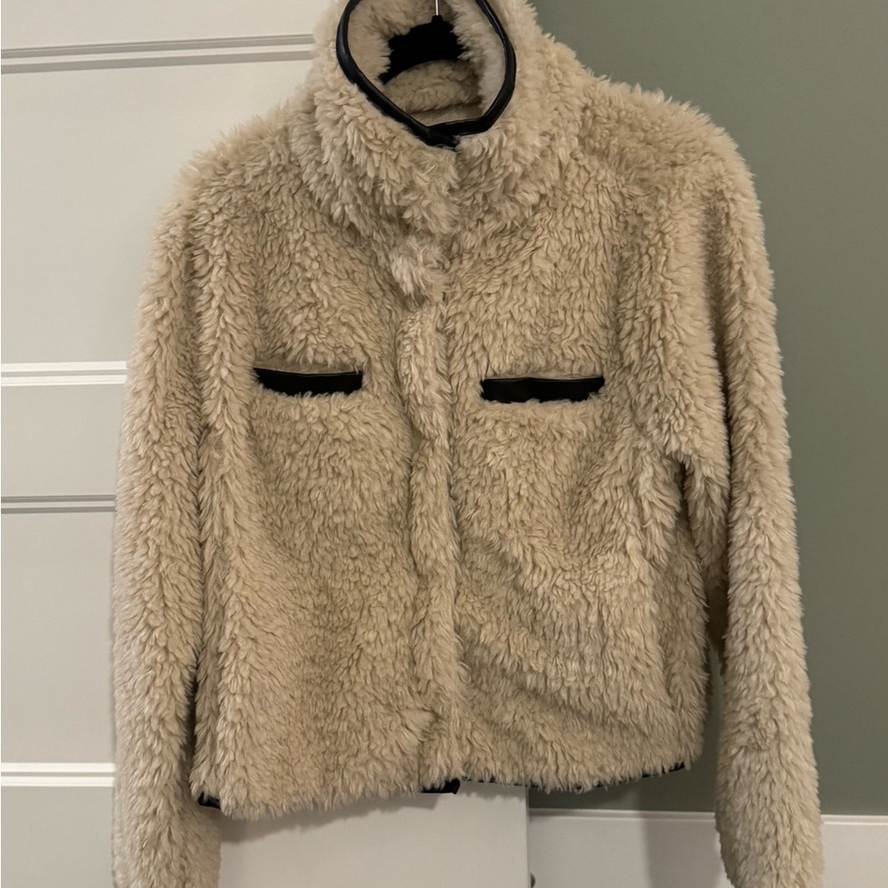 Dylan Cream Teddy Jacket with Faux Black Leather Accents